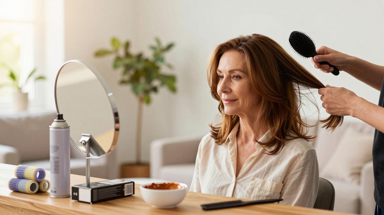 Mulher sorrindo ao ser penteada em salão de beleza, com espelho e produtos de cabelo na mesa.