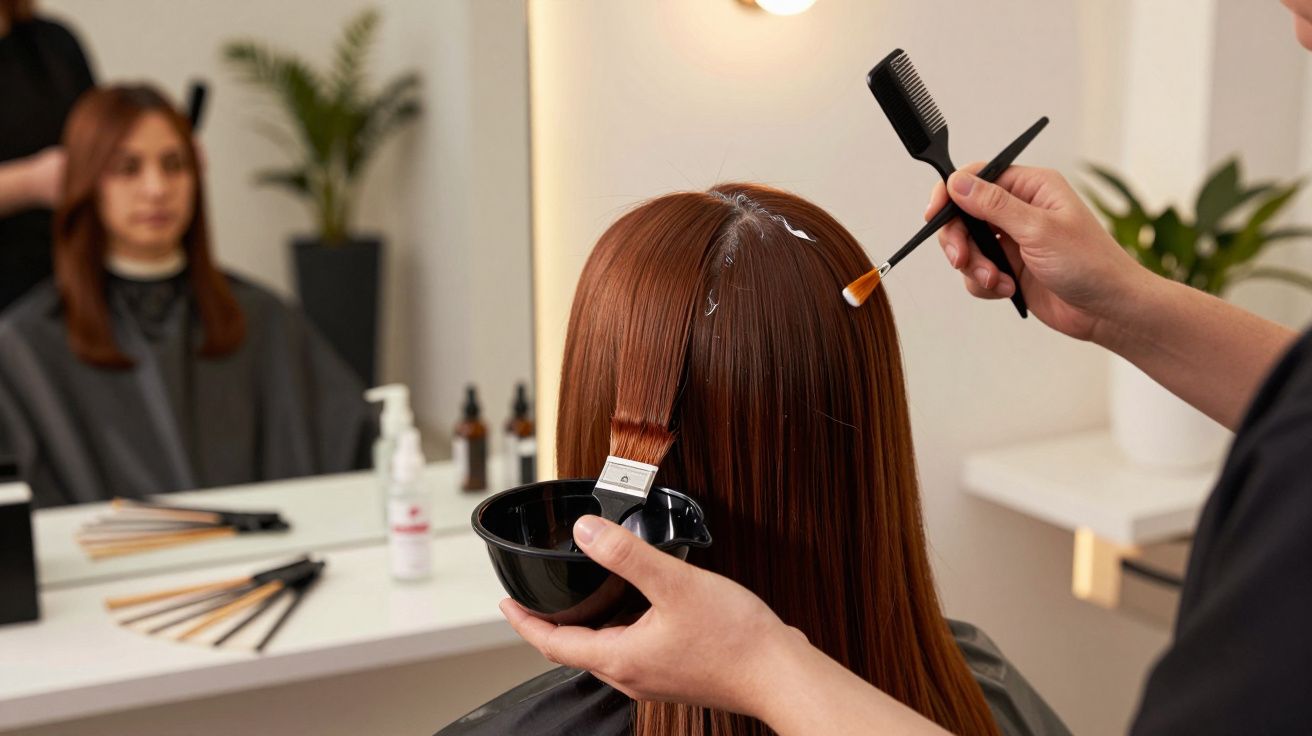 Mulher no cabeleireiro a aplicar tinta no cabelo castanho, com várias escovas e pincéis à volta.