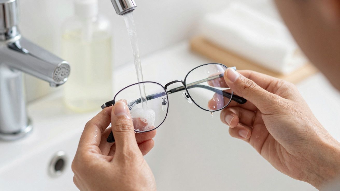 Mãos a lavar óculos sob água corrente numa casa de banho.