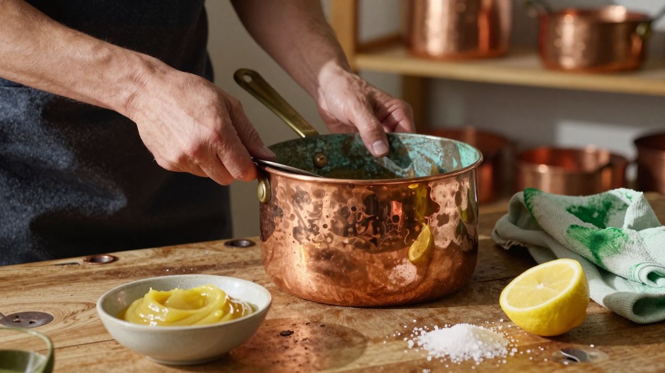 Pessoa mexe nouma panela de cobre numa cozinha, com limão e ingredientes na mesa de madeira.