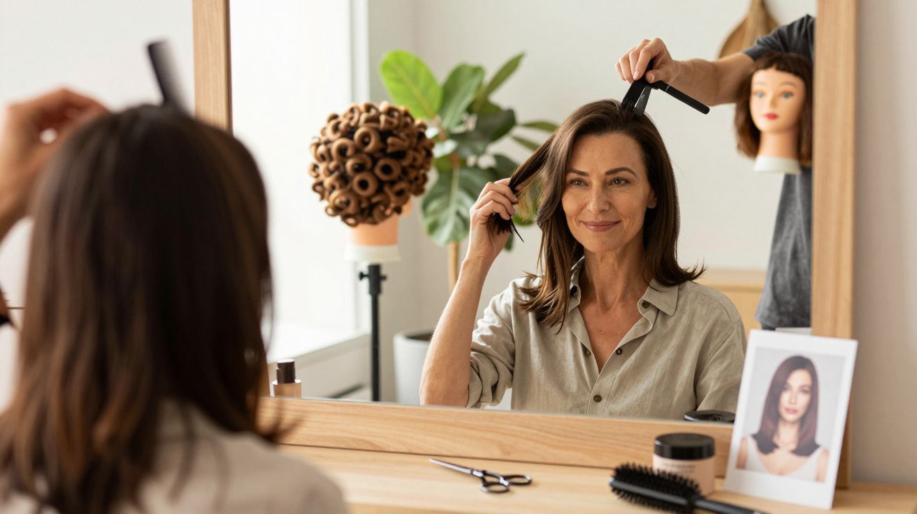 Mulher a sorrir no cabeleireiro, sentada frente ao espelho enquanto seguram o seu cabelo.