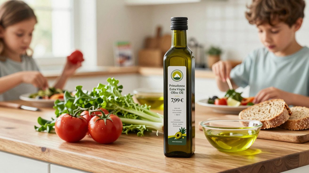 Garrafa de azeite virgem extra em bancada com legumes frescos e duas crianças a preparar uma refeição ao fundo.