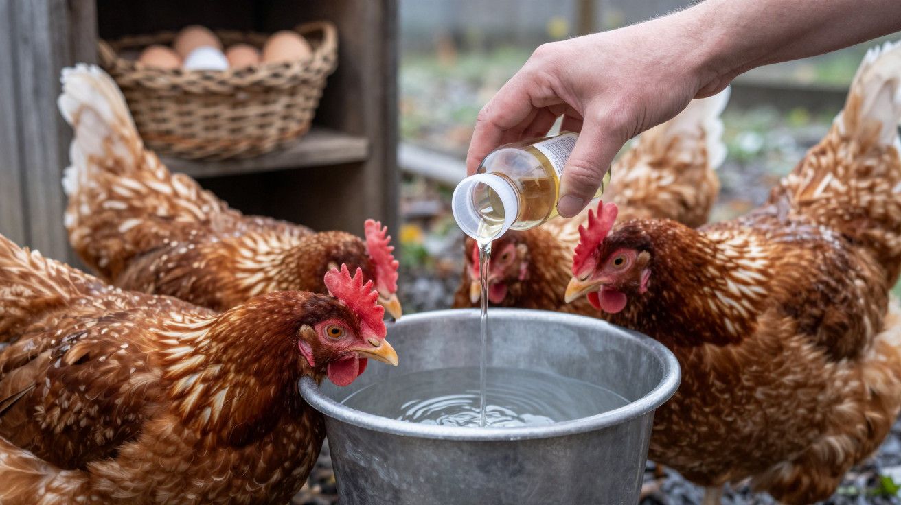 Mão despeja líquido em balde de água cercado por galinhas, com cesto de ovos ao fundo.