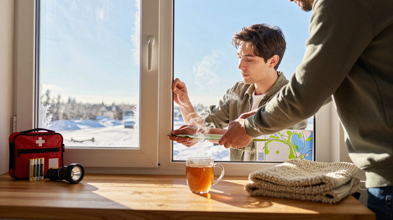 Homem a isolar janela enquanto outro ajuda; à frente, chá e kit de emergência sobre a mesa de madeira.