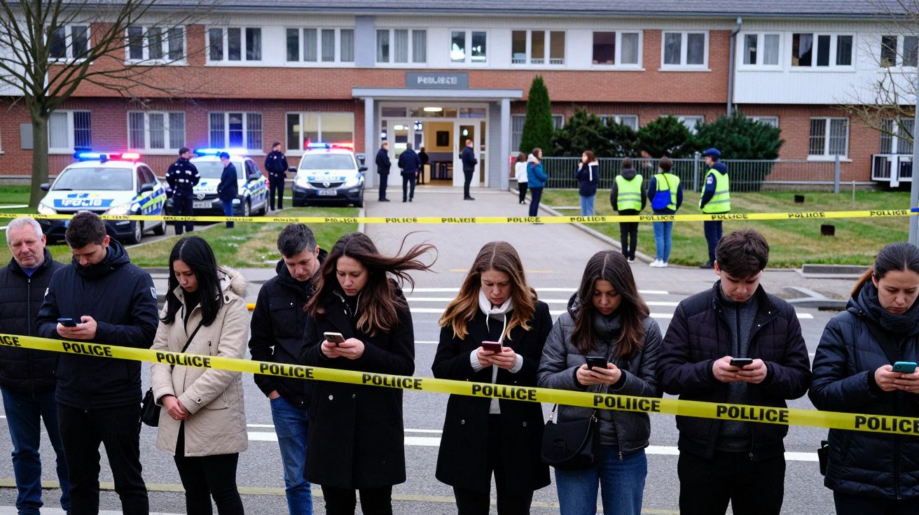 Grupo de pessoas usando telemóveis atrás de fita policial, com carros de polícia e edifício ao fundo.