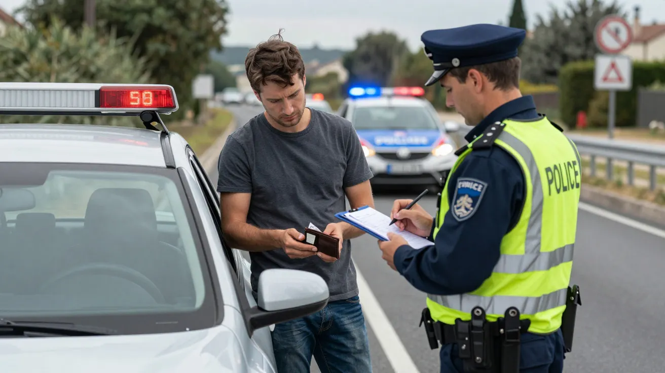 Agente de polícia a multar um condutor numa estrada, enquanto verifica documentos do veículo.