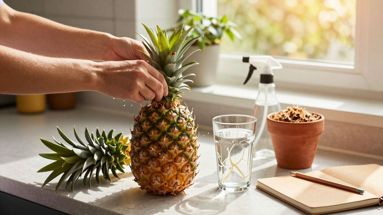 Mãos a preparar ananás fresco numa cozinha, com água, caderno e planta na bancada.