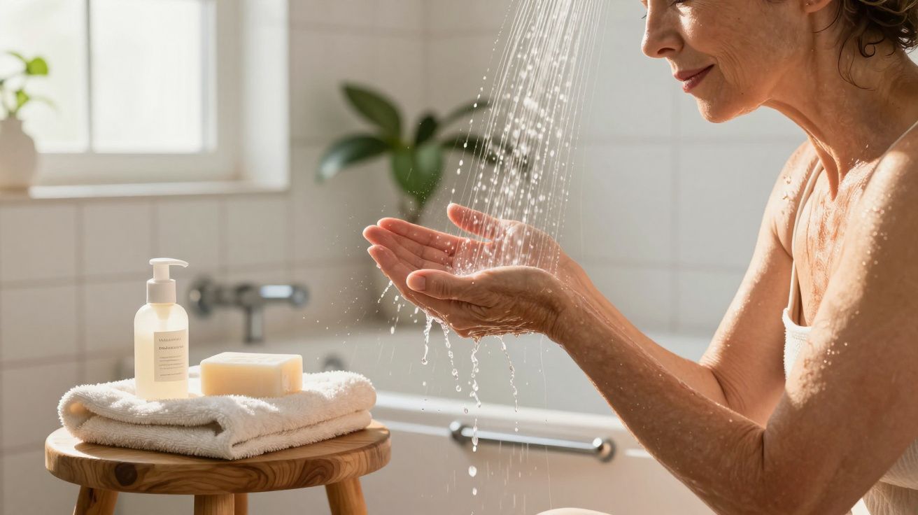 Mulher sob chuveiro num banheiro branco, com toalhas e sabonete sobre um banco de madeira.