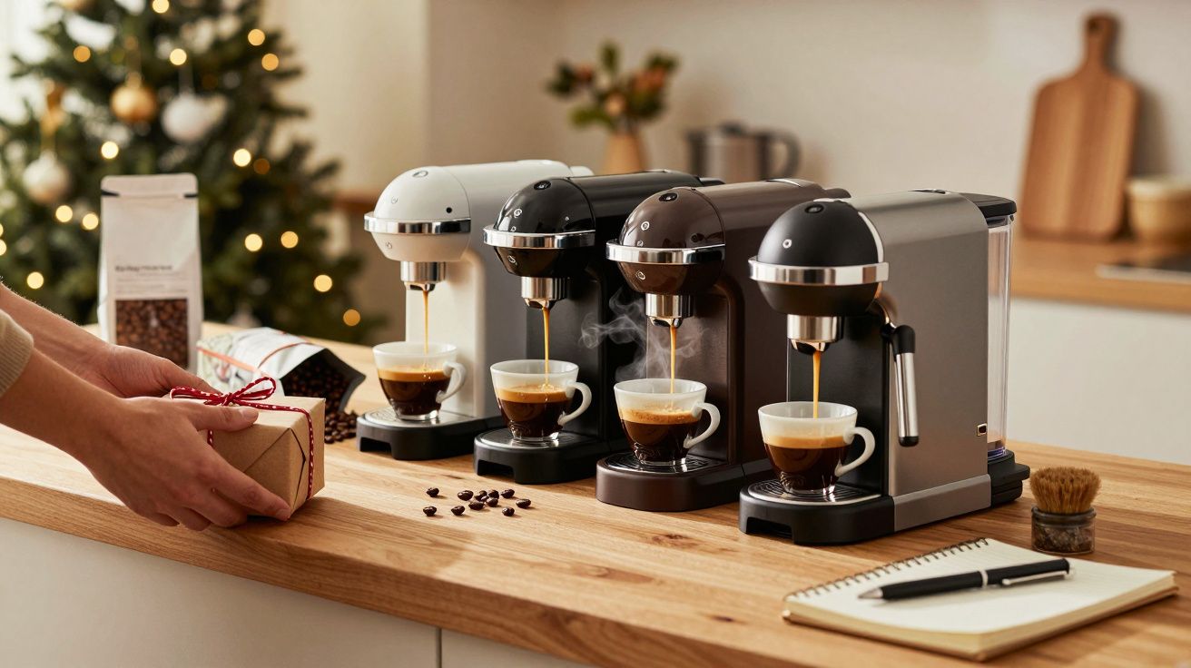 Quatro máquinas de café expresso em bancada de madeira com chávenas cheias. Mãos seguram uma caixa embrulhada à esquerda.