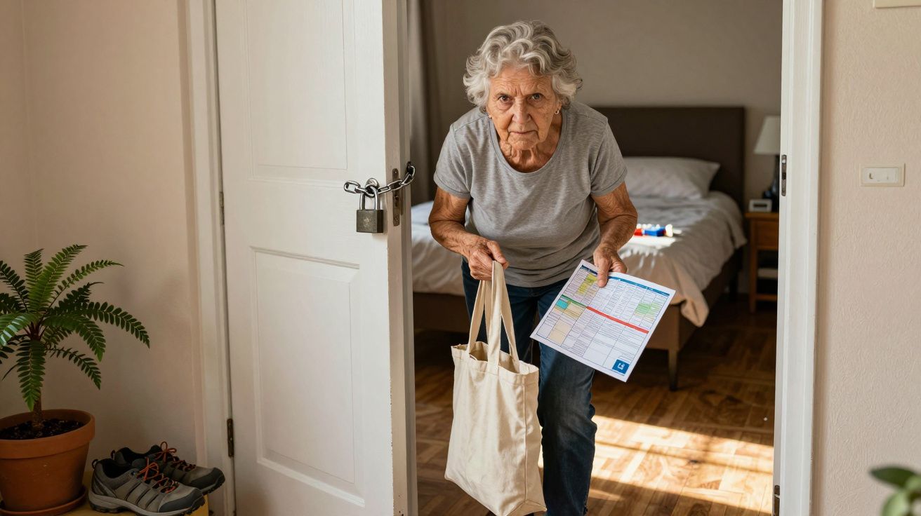 Idosa de t-shirt cinza entra no quarto, levando sacola e calendário. Plantas e sapatos ao lado da porta.