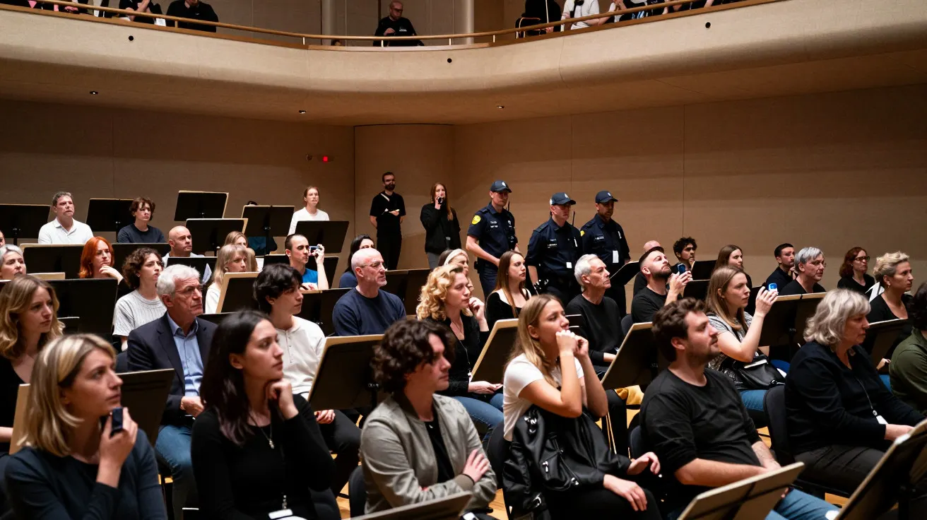 Pessoas sentadas em auditório atento, algumas tiram fotos, três polícias e dois seguranças ao fundo.