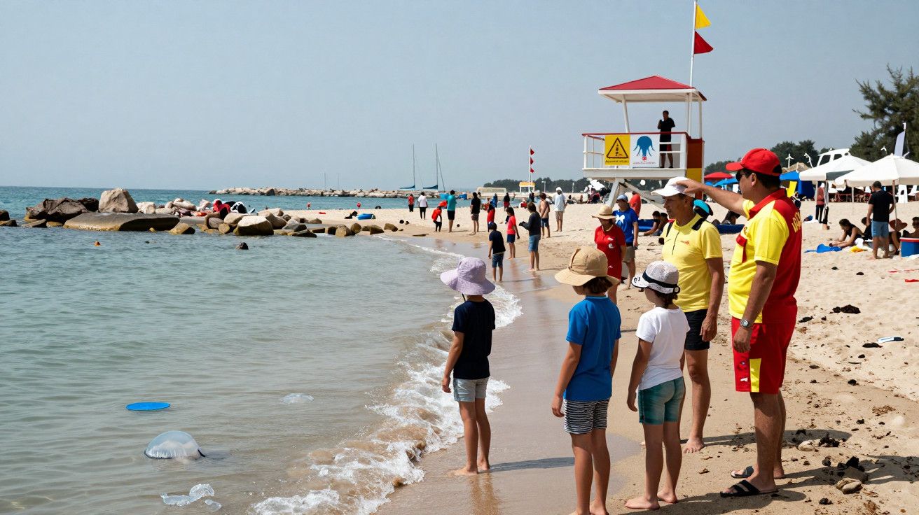 Crianças e educadores observam medusas na margem de uma praia, com nadadores-salvadores e torre de vigia ao fundo.