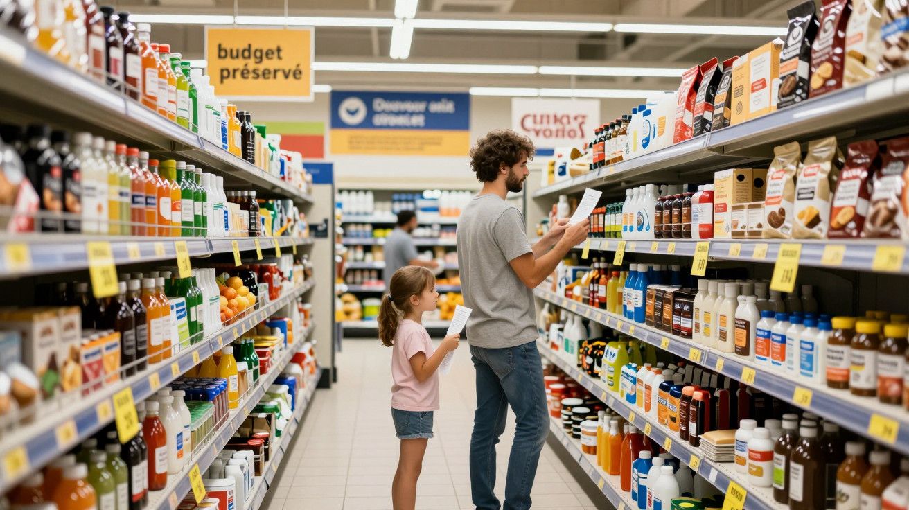 Homem e criança fazem compras num supermercado, olhando produtos numa prateleira.