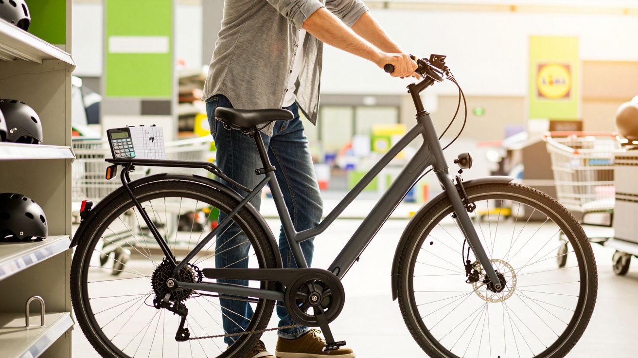 Homem numa loja empurra bicicleta preta ao lado de carrinhos de compras.