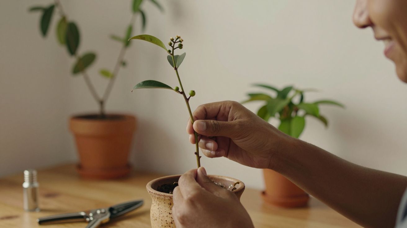 Pessoa plantando muda num vaso sobre uma mesa de madeira; plantas em vasos ao fundo.