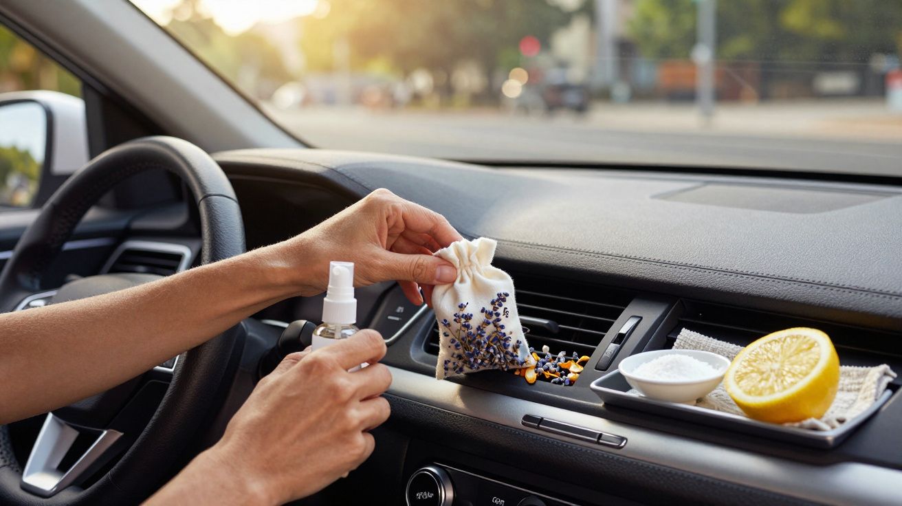 Pessoa colocando um saco de lavanda em ventoinha de carro com limão e sal numa bandeja ao lado.