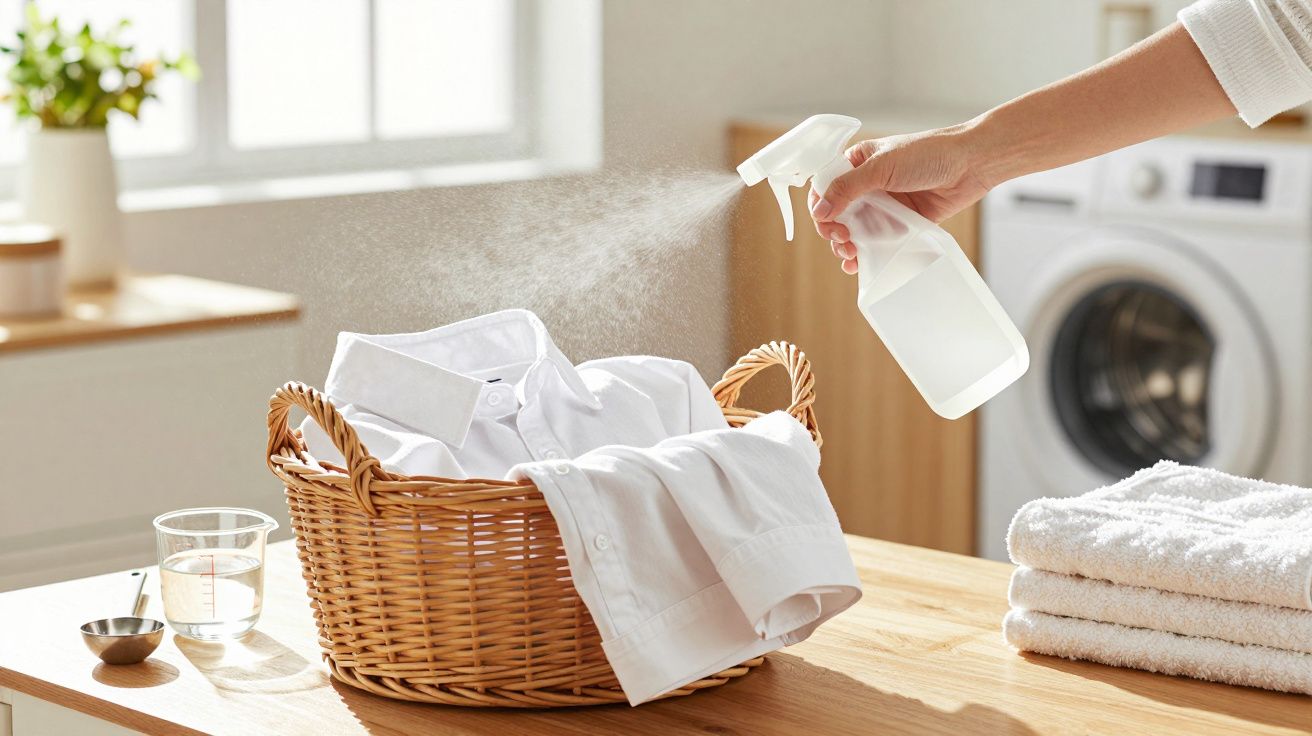 Cesto com camisas brancas num balcão, sendo borrifadas com spray de limpeza ao lado de uma máquina de lavar.