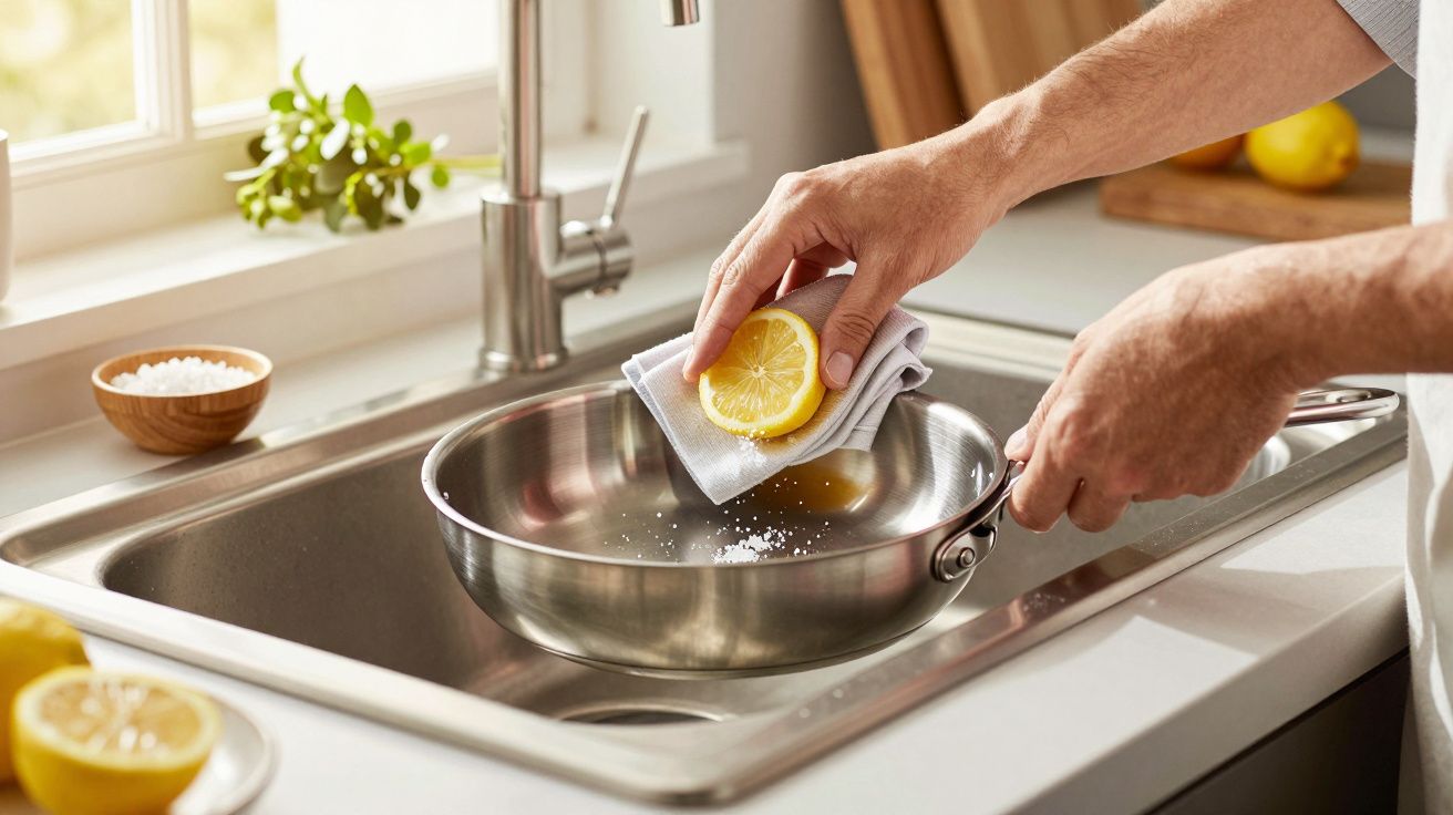Mãos limpam uma frigideira de aço inoxidável usando meio limão e um pano junto a uma pia de cozinha iluminada.