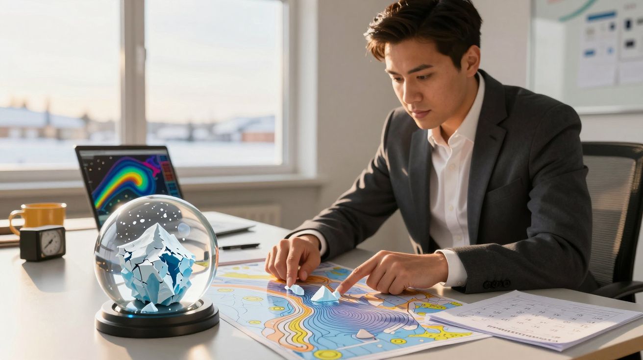 Homem de terno analisa mapa colorido numa mesa, ao lado de uma bola de vidro decorativa, num escritório iluminado.