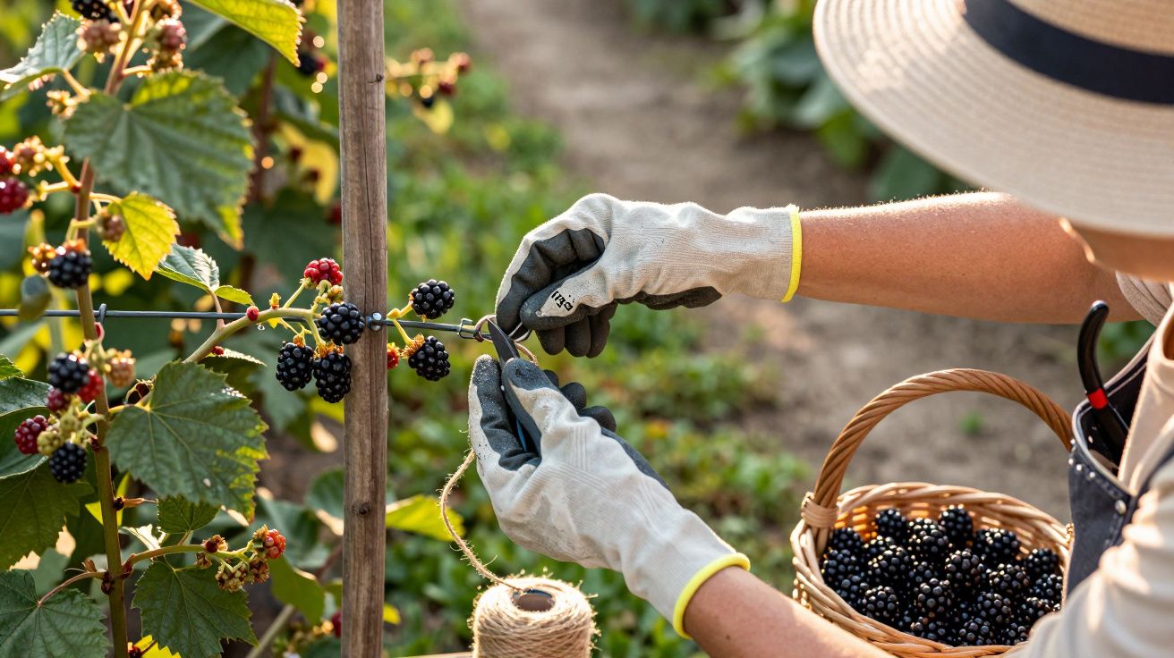 Pessoa colhe amoras num arbusto, usando luvas. Cesto de amoras ao lado em cena rural ao ar livre.