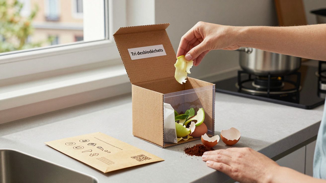 Mão coloca restos de alimentos numa caixa para lixo orgânico numa cozinha, com janela ao fundo.