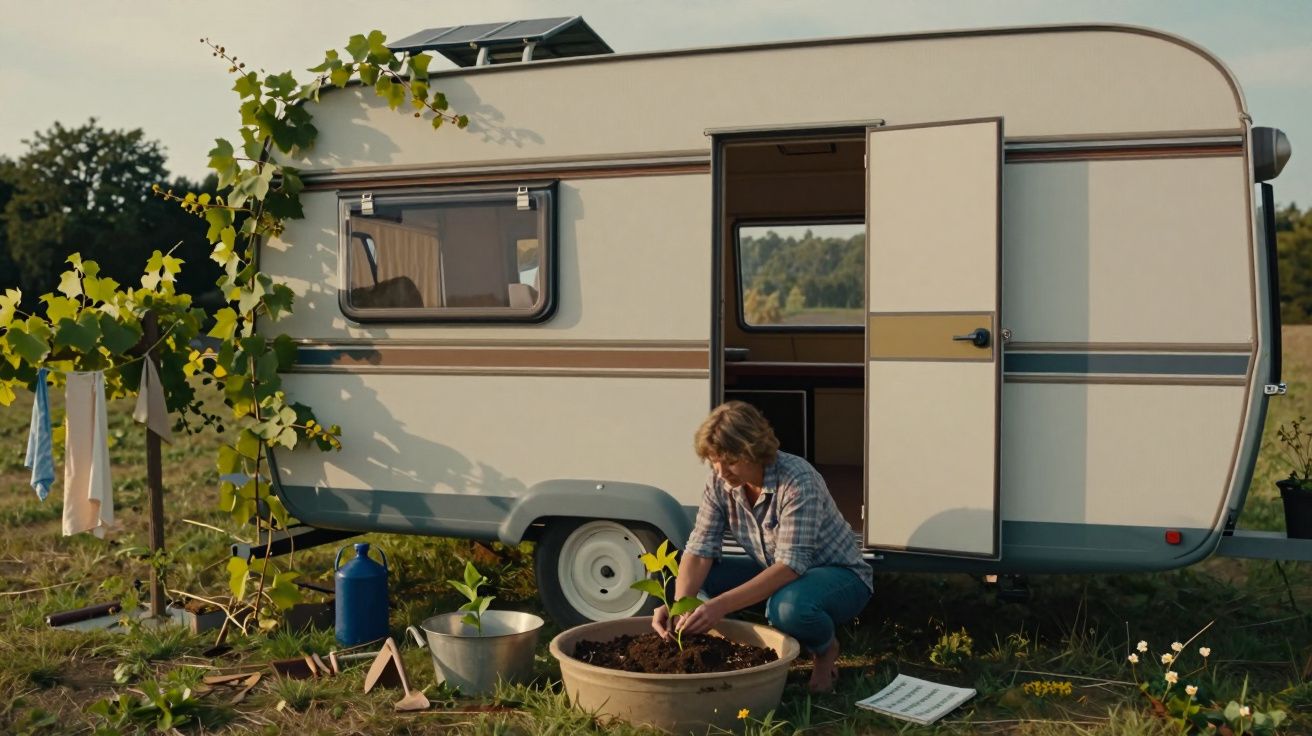 Mulher planta numa bacia ao lado de uma caravana branca estacionada num campo, com roupa pendurada a secar.