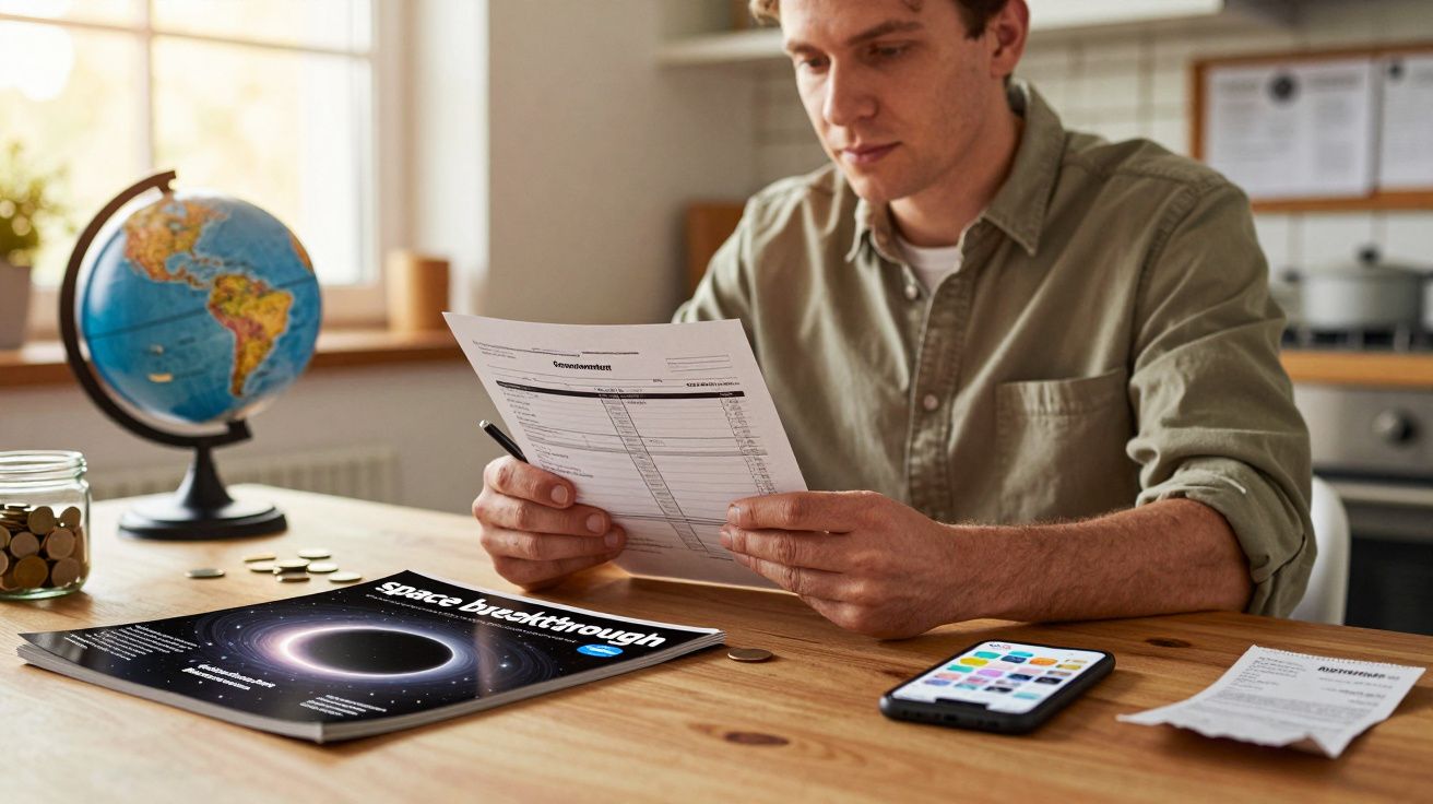 Homem sentado à mesa, analisando documentos. Globo, telemóvel e revista sobre espaço estão na mesa.