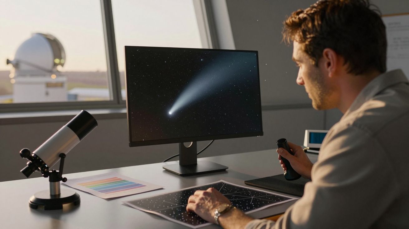 Homem observa cometa numa tela de computador, com telescópio e cúpula de observatório ao fundo.