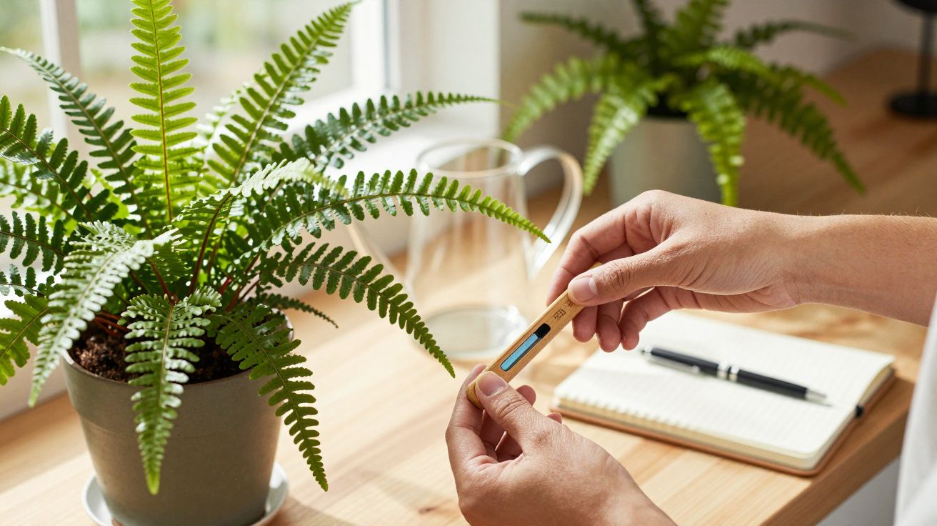 Mão segurando termómetro de madeira junto a samambaia em vaso sobre mesa de madeira iluminada pelo sol.