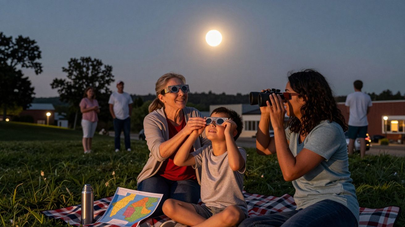 Família ao luar num piquenique, usando óculos de visualização para observar o céu noturno.