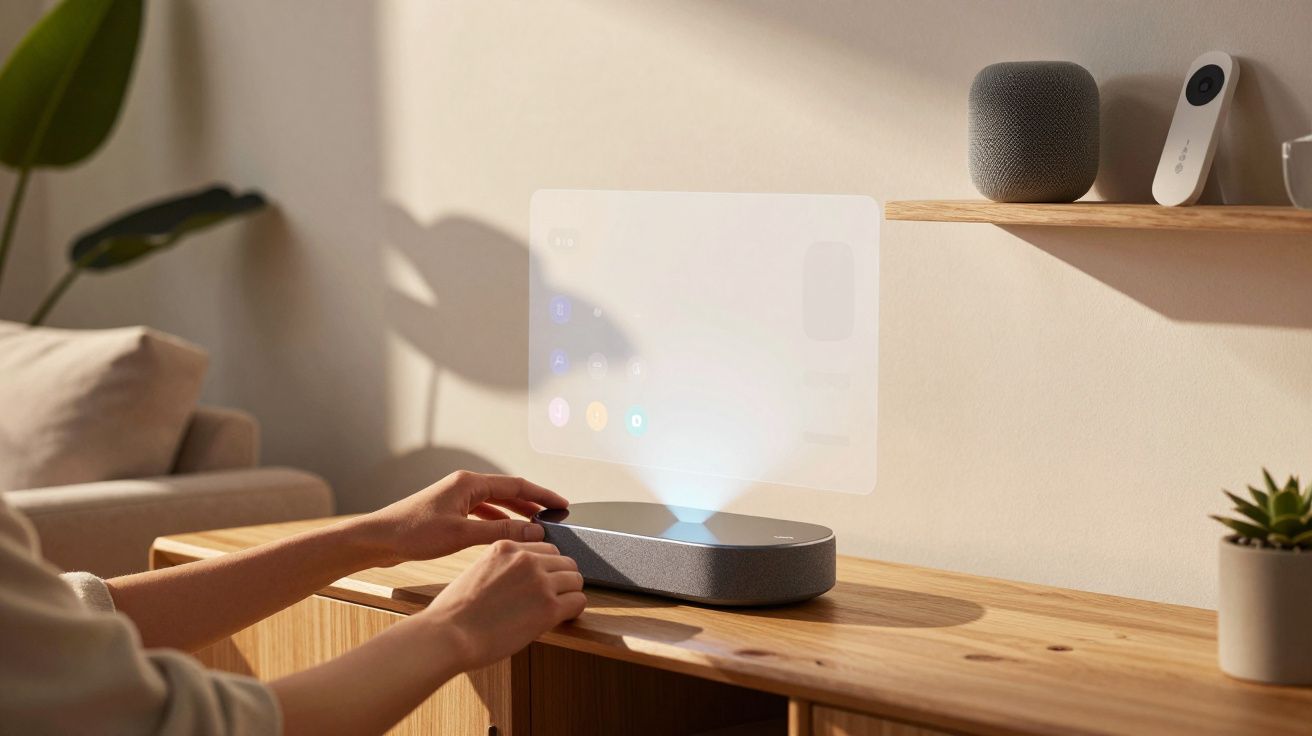 Pessoa interage com projetor holográfico sobre mesa de madeira; planta e altifalante na prateleira.