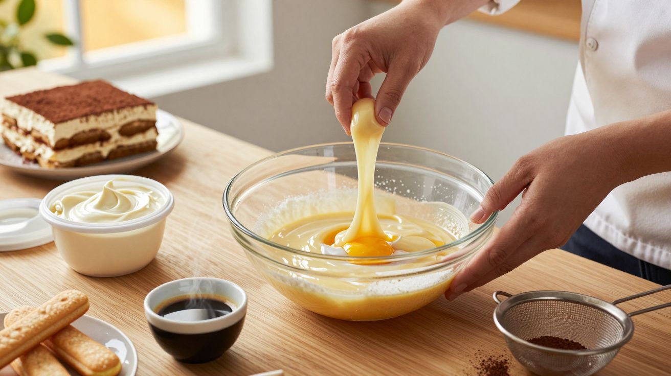 Pessoa prepara tiramisù, misturando ovos numa tigela de vidro. Ingredientes ao redor incluem biscoitos e queijo mascarpone.