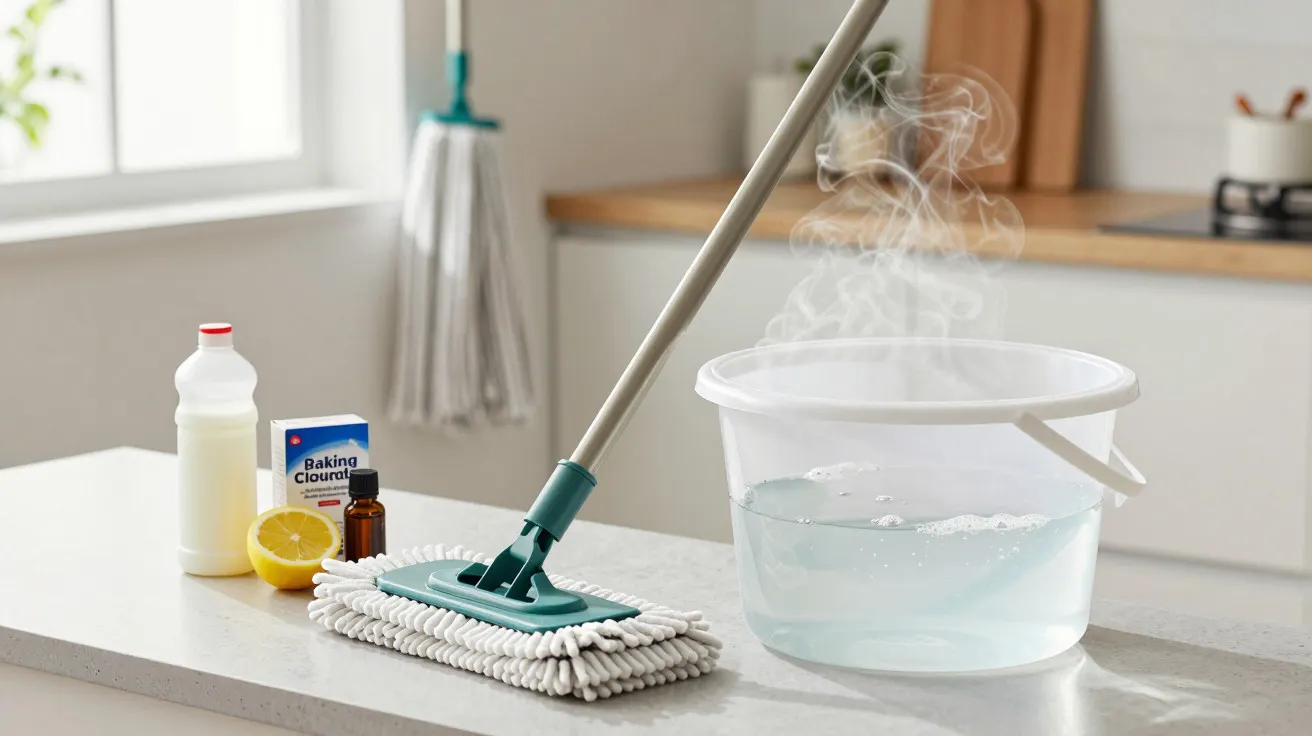 Balde com água quente e esfregona em bancada, com limão, bicarbonato de sódio e produtos de limpeza ao lado.