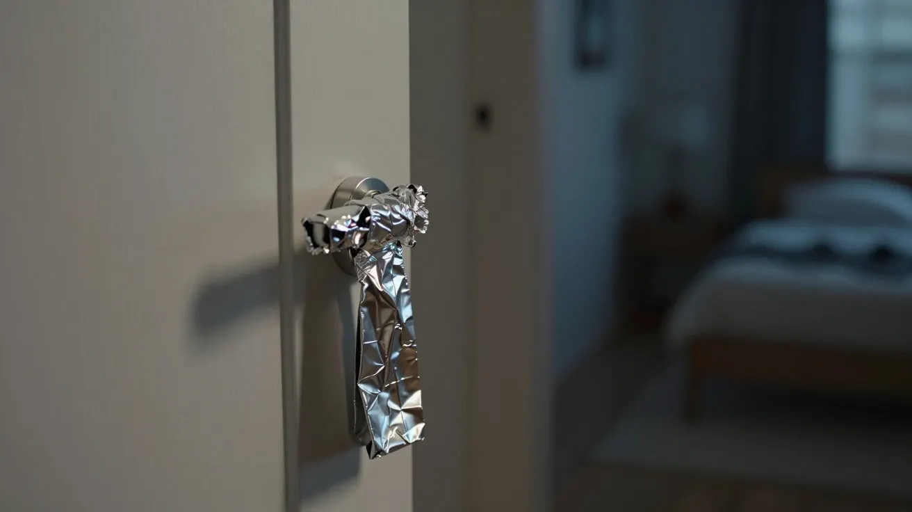 Maçaneta de porta coberta com folha de alumínio numa sala com cama ao fundo, ambiente iluminado suavemente.