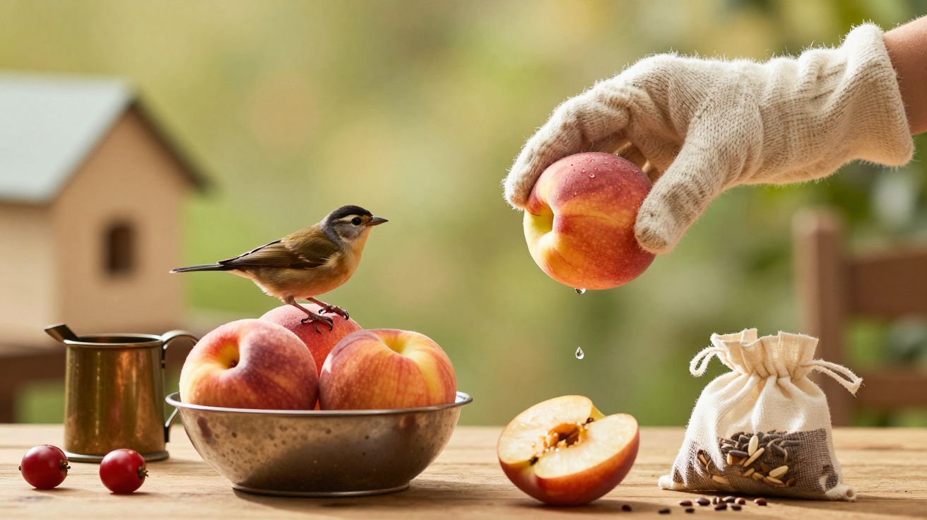 Pássaro em taça de pêssegos, mão com luva segurando pêssego. Sementes em saco próximo a fruta cortada ao meio.