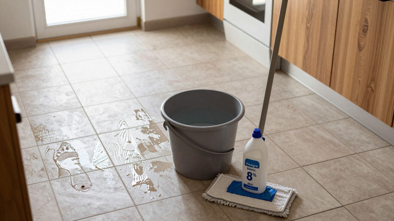 Balde cinza e esfregona com produto de limpeza em chão de cozinha molhado.