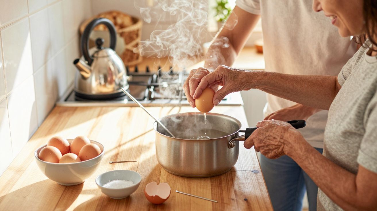 Duas pessoas a cozer ovos numa panela ao lume, com vapor. Mesa com ingredientes e chaleira ao fundo.