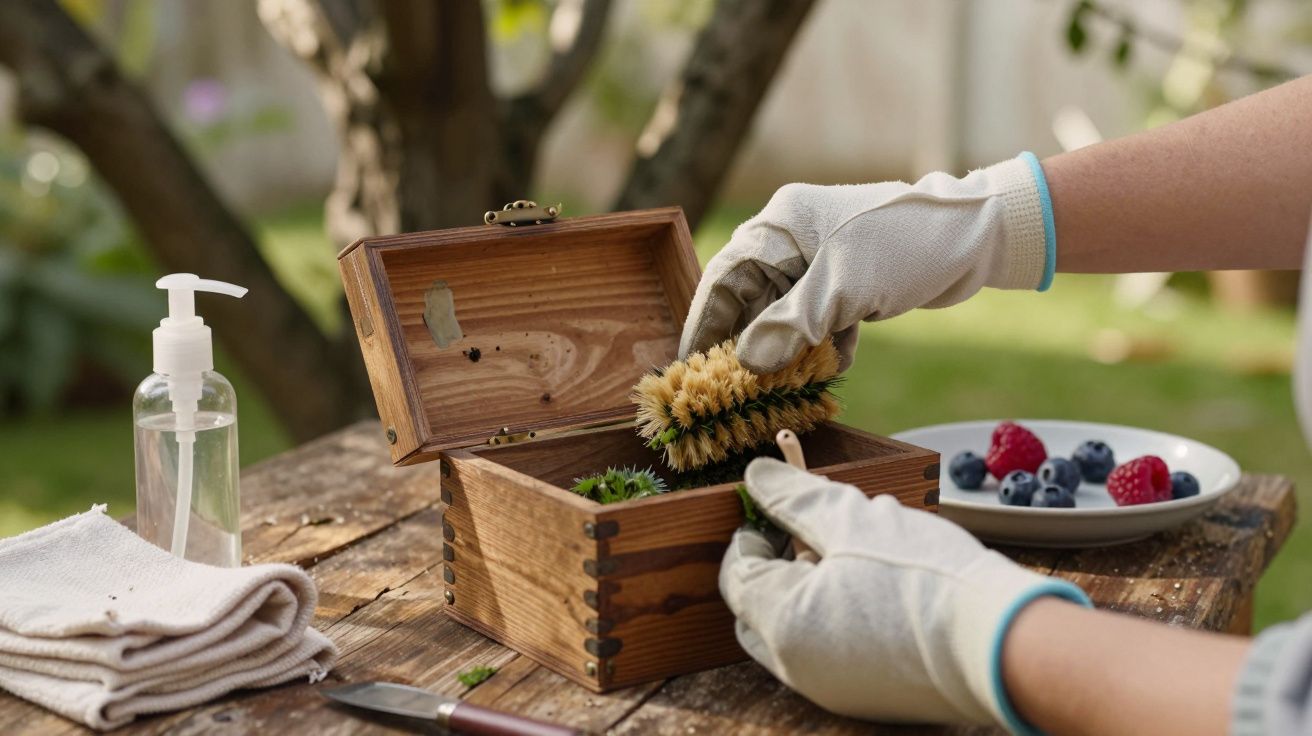 Pessoa com luvas limpa pequeno baú de madeira sobre mesa de jardinagem, frutas e toalha ao lado.