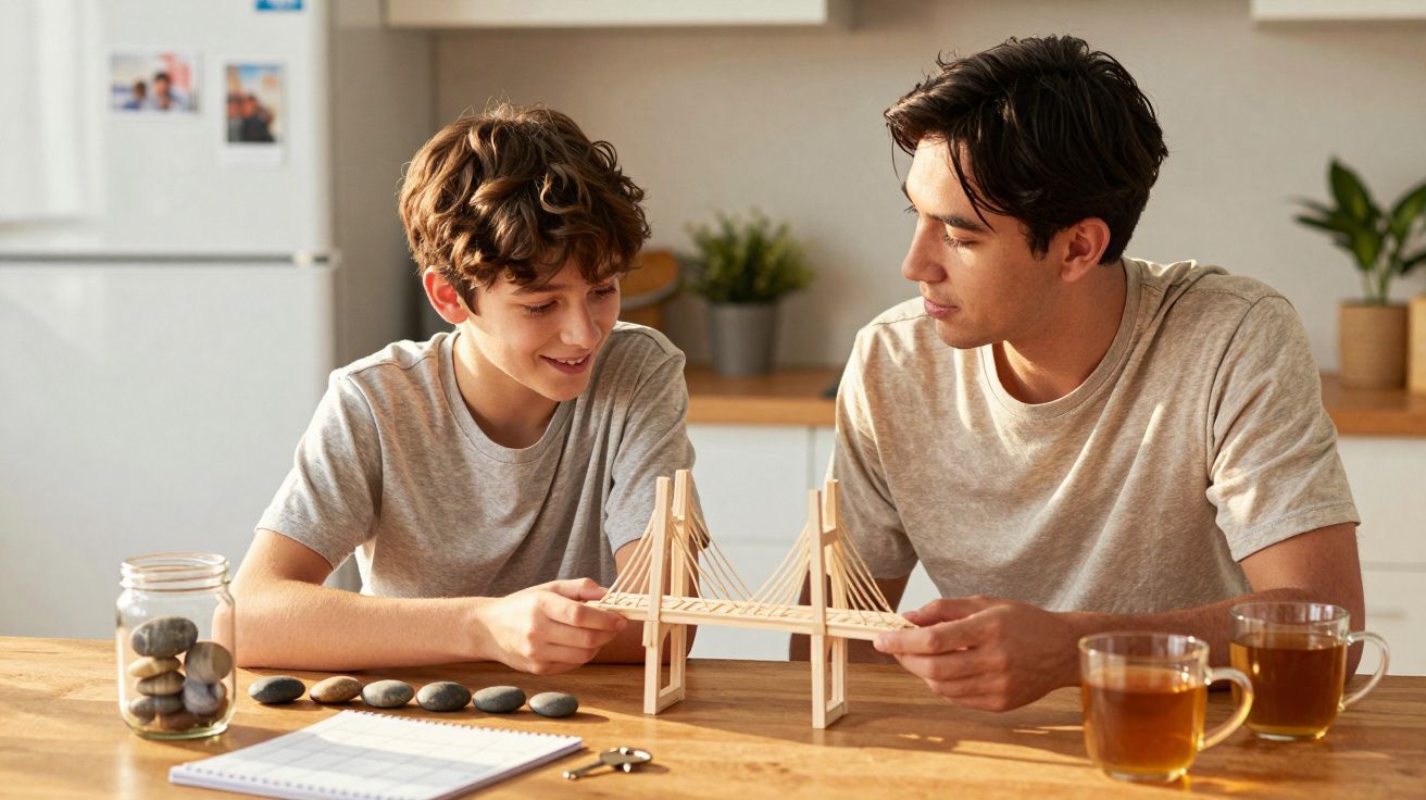 Dois rapazes montam uma maquete de ponte na mesa da cozinha, com chá e pedras ao lado.
