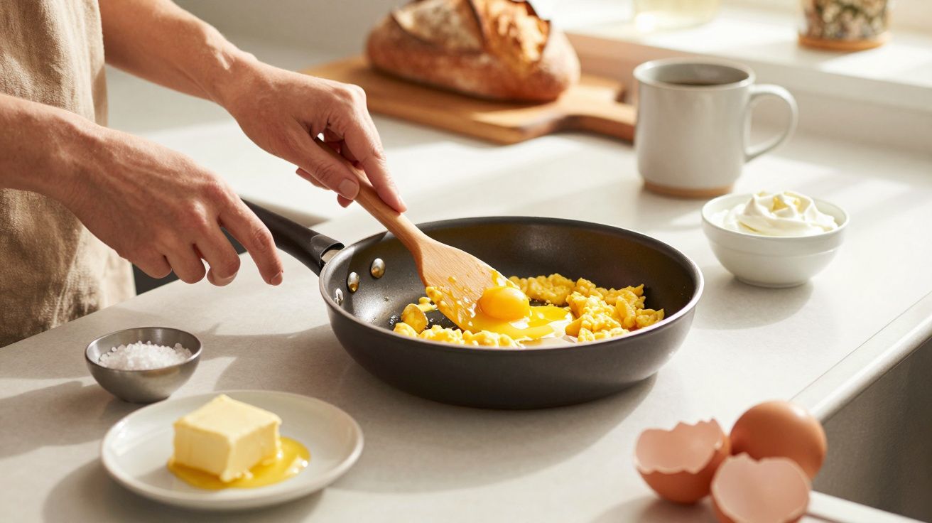 Pessoa a cozinhar ovos mexidos numa frigideira, com manteiga, sal e pão sobre a mesa da cozinha.