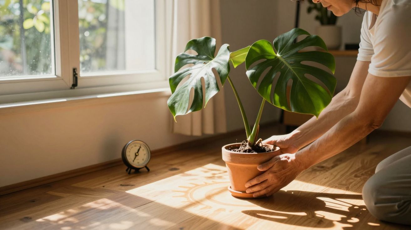 Pessoa ajusta vaso de planta Monstera num chão de madeira iluminado pelo sol, com um relógio ao fundo perto da janela.