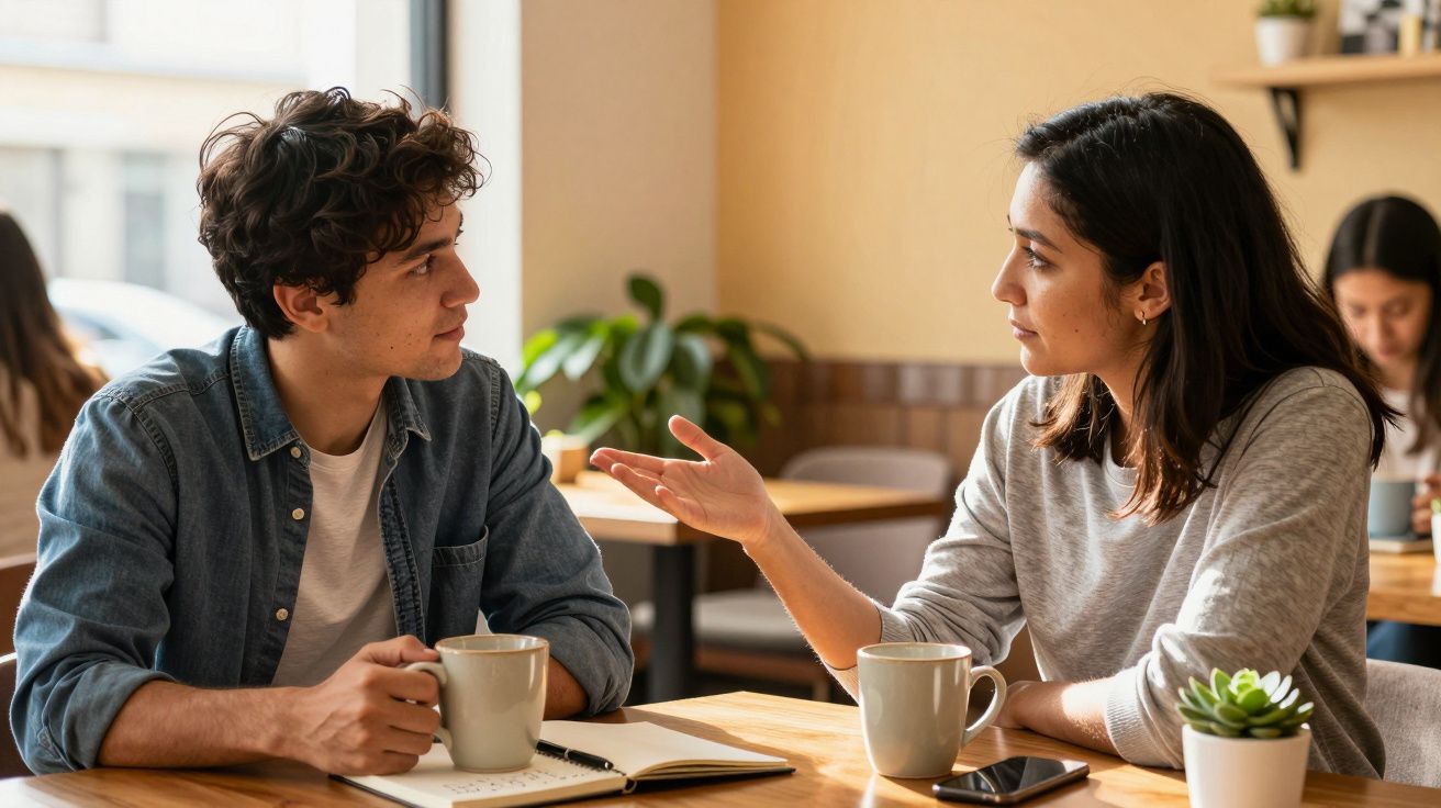 Dois jovens conversam num café, ambos com chávenas de café sobre a mesa.