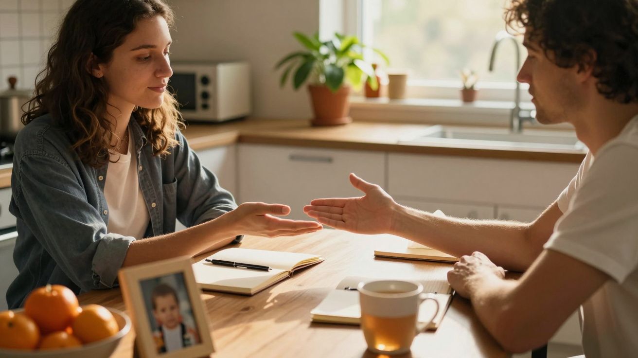 Duas pessoas a conversar numa cozinha, com um caderno e uma caneca em cima da mesa. Fotografia de criança em destaque.