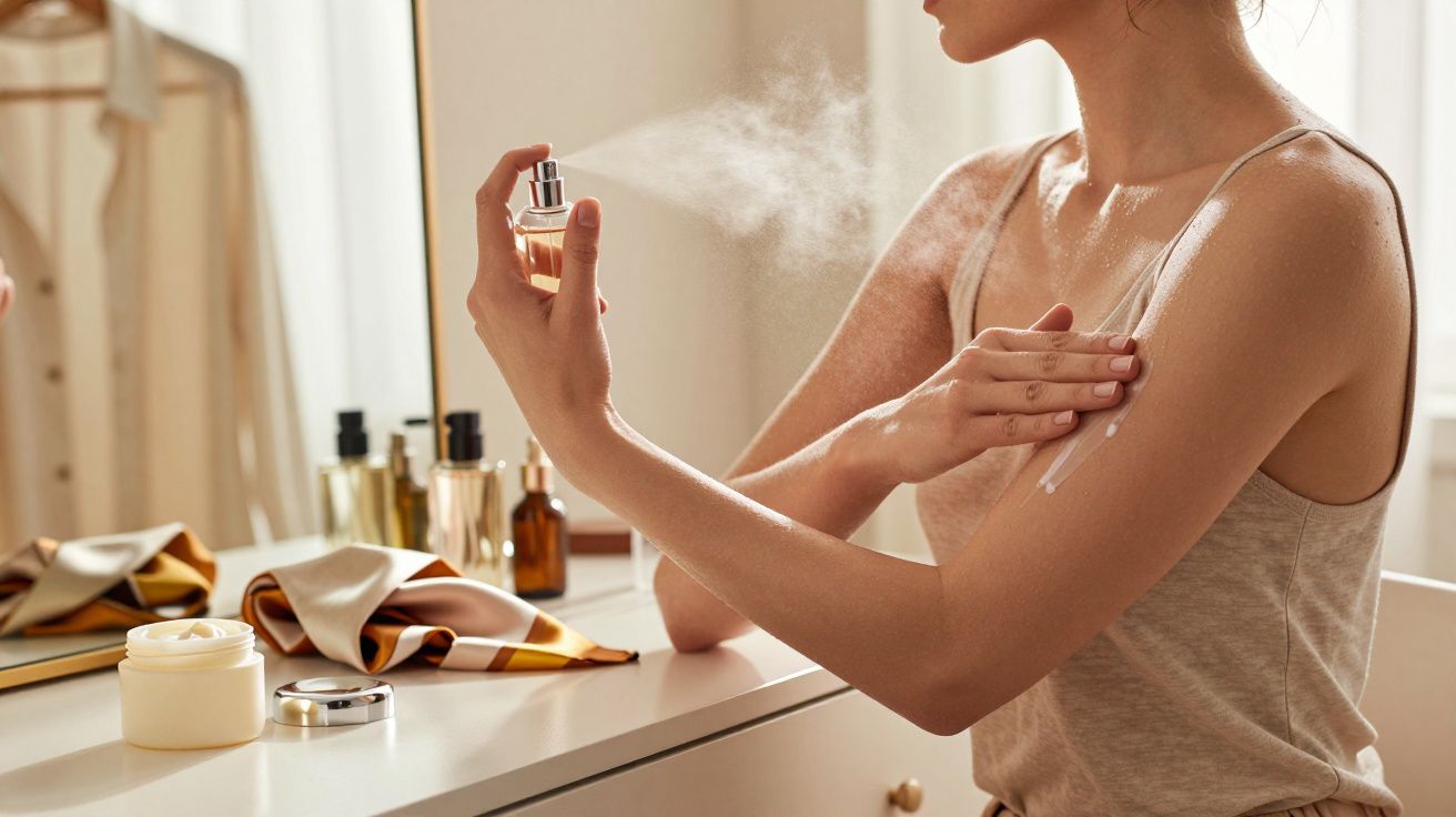 Mulher aplica perfume no braço em frente a uma penteadeira com frascos e potes de cosméticos.