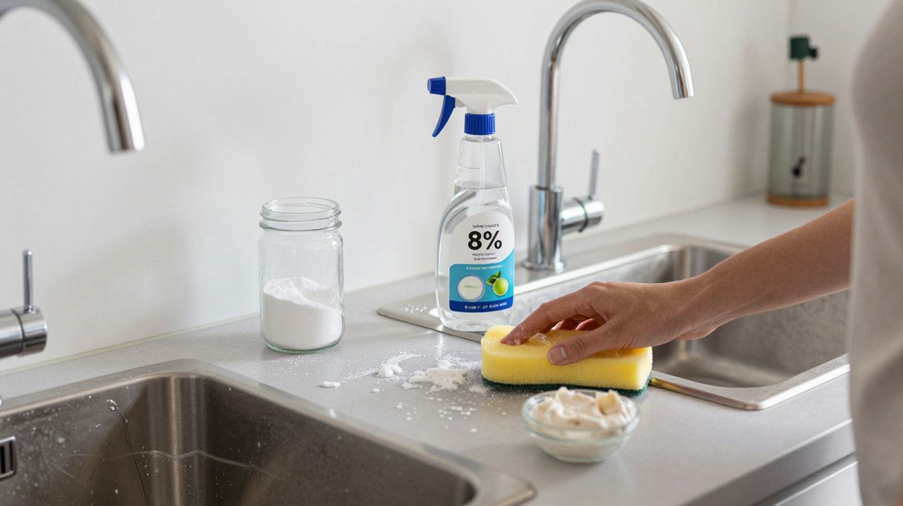 Mão a limpar bancada de cozinha com esponja amarela, perto de pia, spray de limpeza e frasco de bicarbonato de sódio.