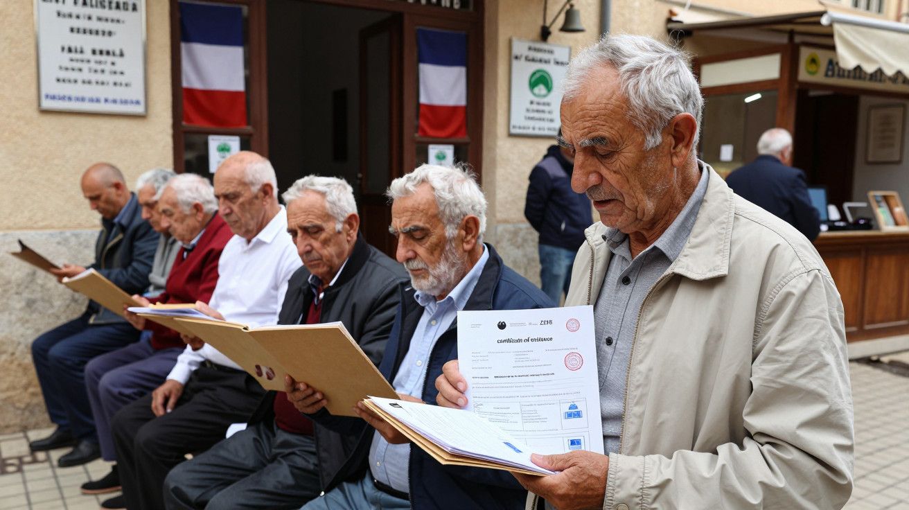 Grupo de homens idosos sentados numa fila, segurando pastas e documentos, com bandeiras ao fundo.