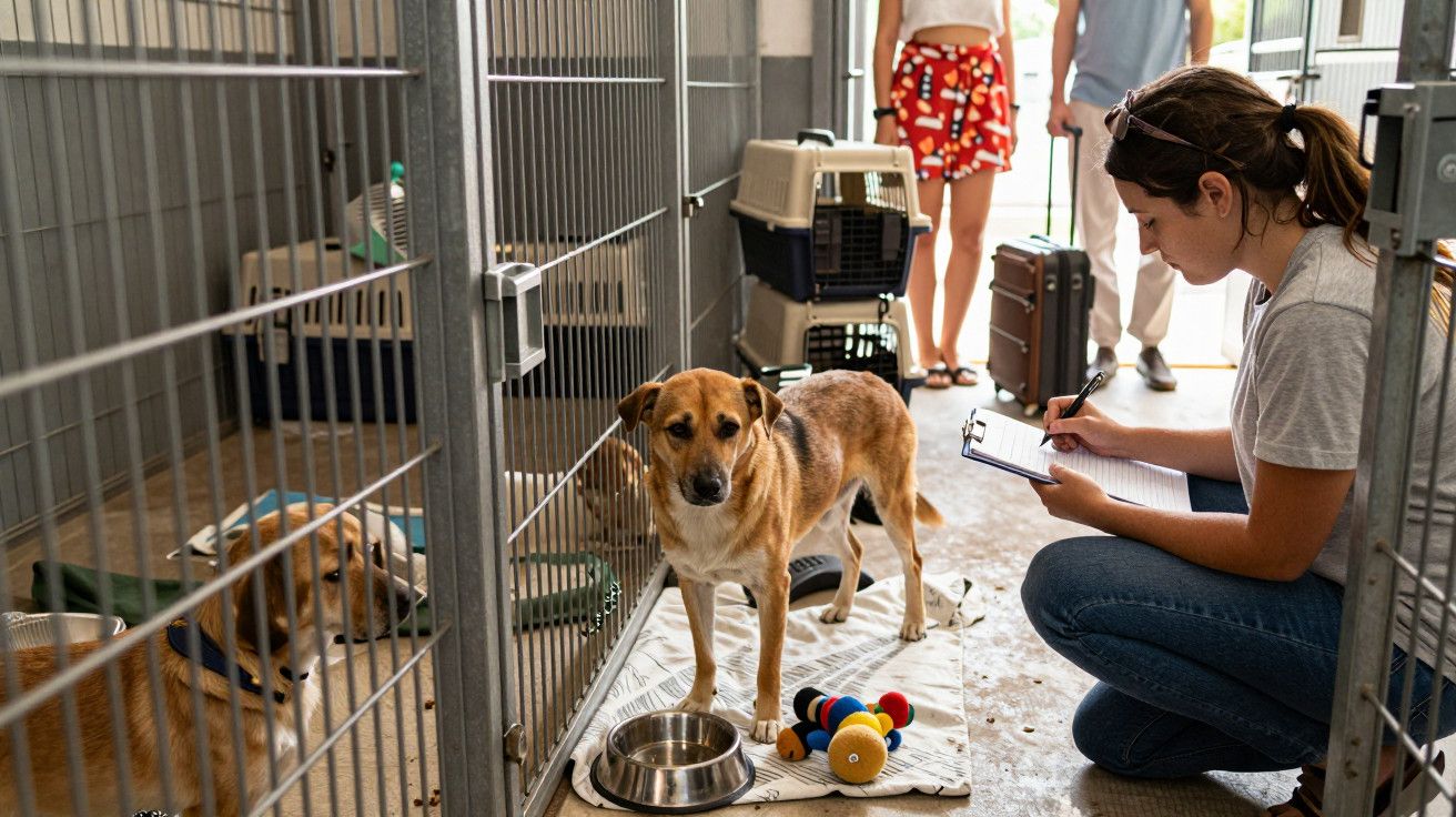 Abrigo de animais com cães em jaulas, mulher a anotar informações, brinquedos e tigela no chão.