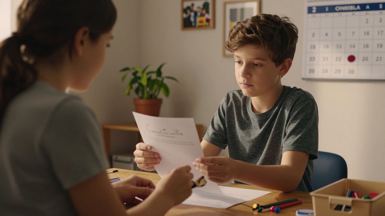 Menino e menina estudam juntos numa mesa com papéis e marcadores. Calendário e planta ao fundo.