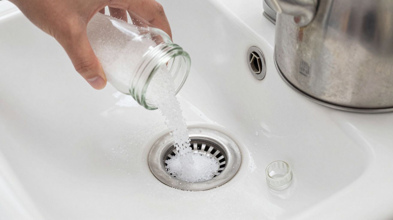 Mão despeja sal no ralo de uma pia de cozinha branca, ao lado de uma panela de aço inoxidável.