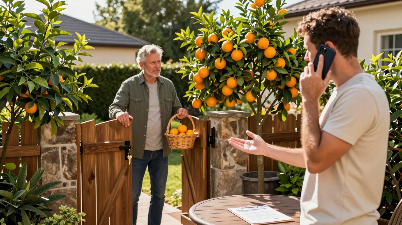 Homem colhe laranjas em jardim, segurando cesto, enquanto conversa com outro ao telemóvel.